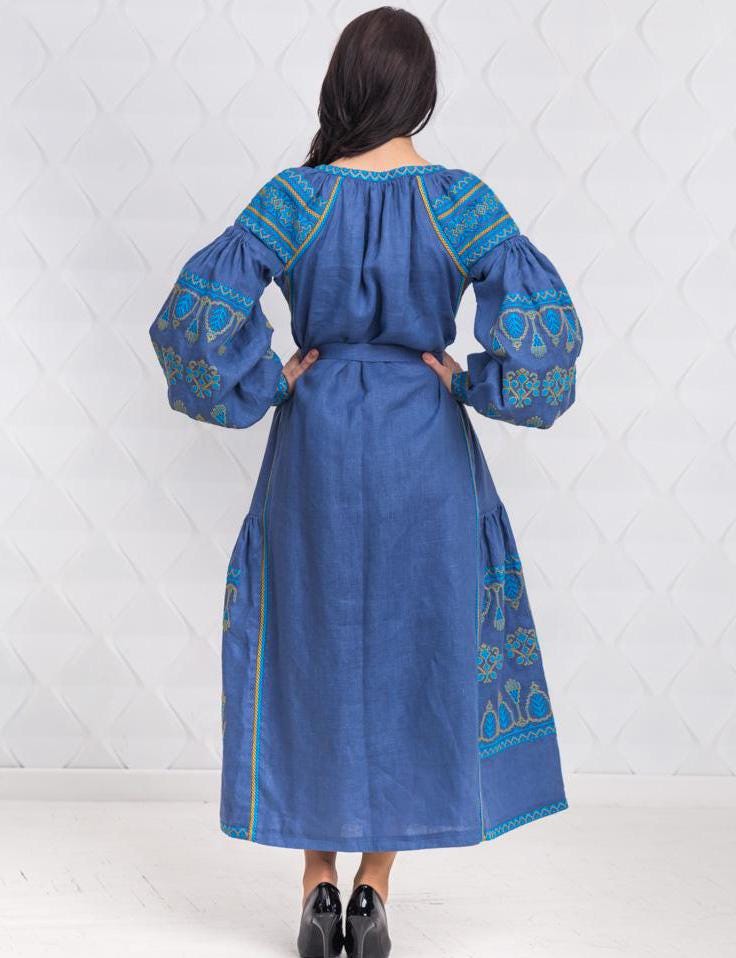Size M! Blue Linen Embroidered Dress with Tassels - Ukrainian Folk Maxi Dress