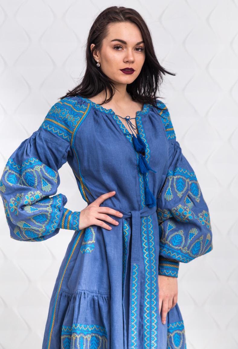 Size M! Blue Linen Embroidered Dress with Tassels - Ukrainian Folk Maxi Dress