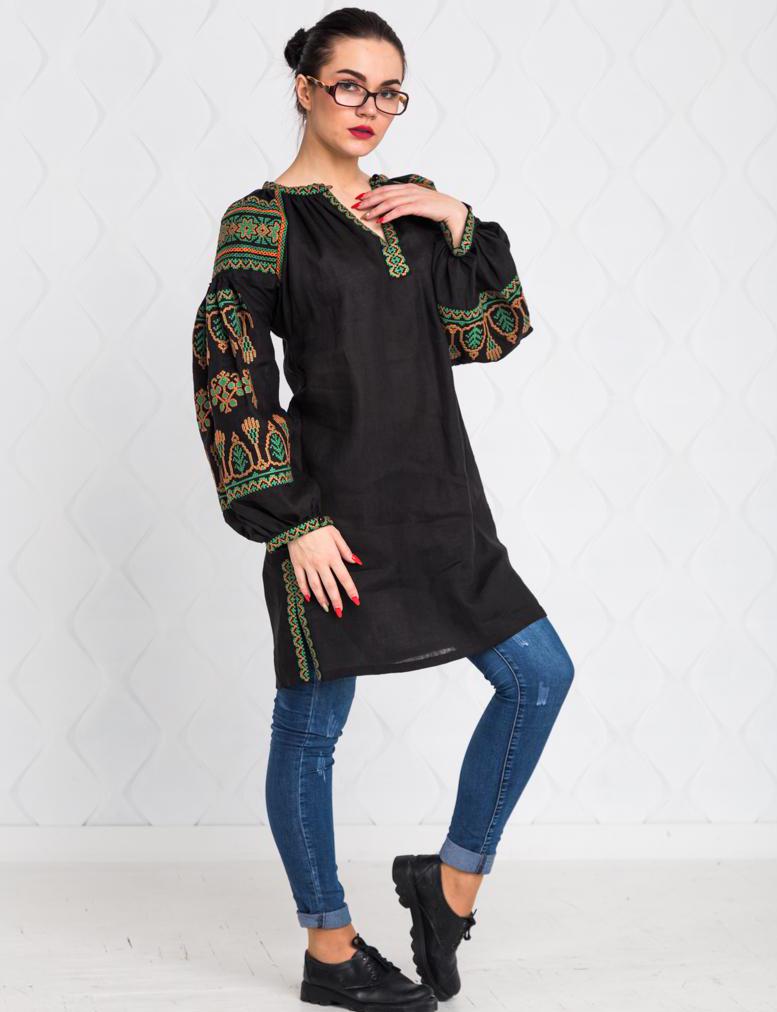 Size M! Elegant folklore embroidered tunic, black linen bohemian outfit, traditional ethnic fashion, Ukrainian vyshyvanka, stylish boho chic top