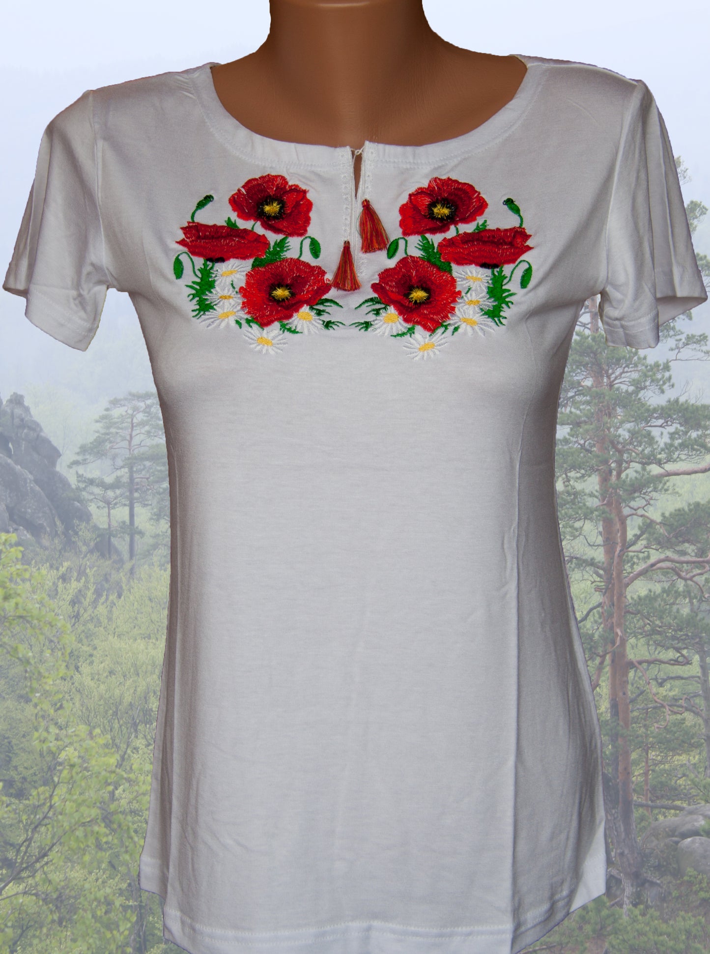 Sizes S,L-XXL. Women's White T-Shirt with Red Poppy Embroidery - Boho Floral Design Top