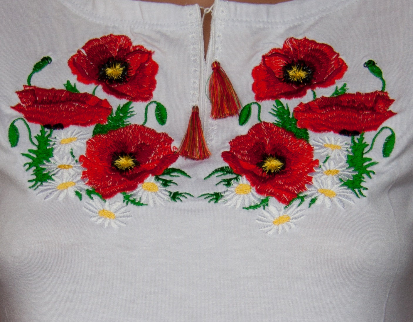 Sizes S,L-XXL. Women's White T-Shirt with Red Poppy Embroidery - Boho Floral Design Top