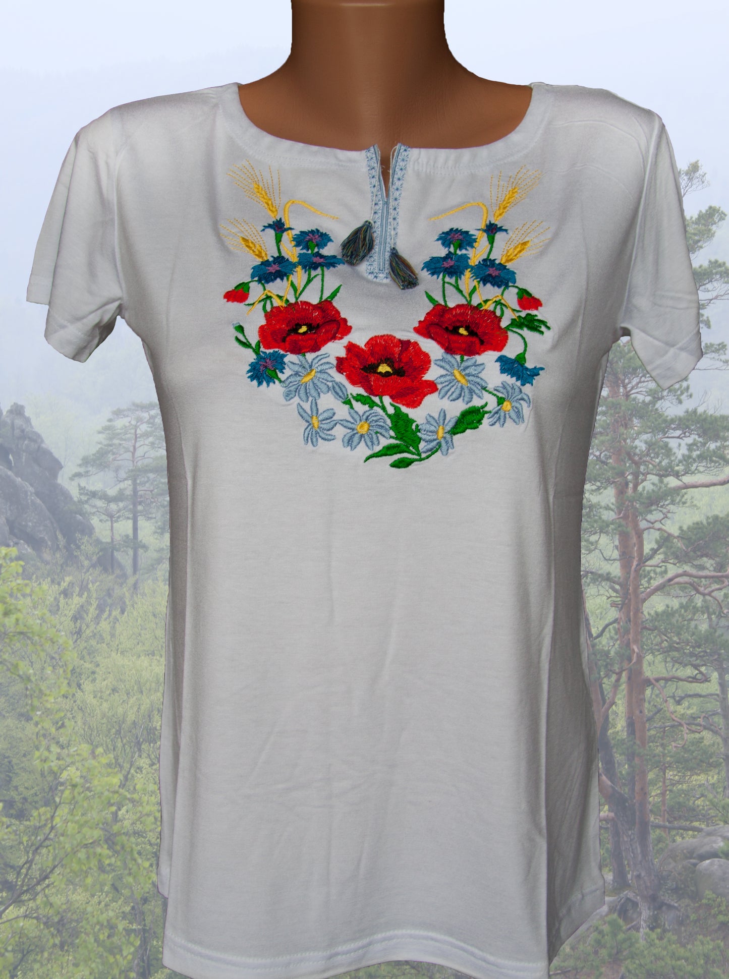 Sizes XL,XXL. Floral Embroidered Viscose T-Shirt – White Boho Chic Top for Women with Folk Inspiration