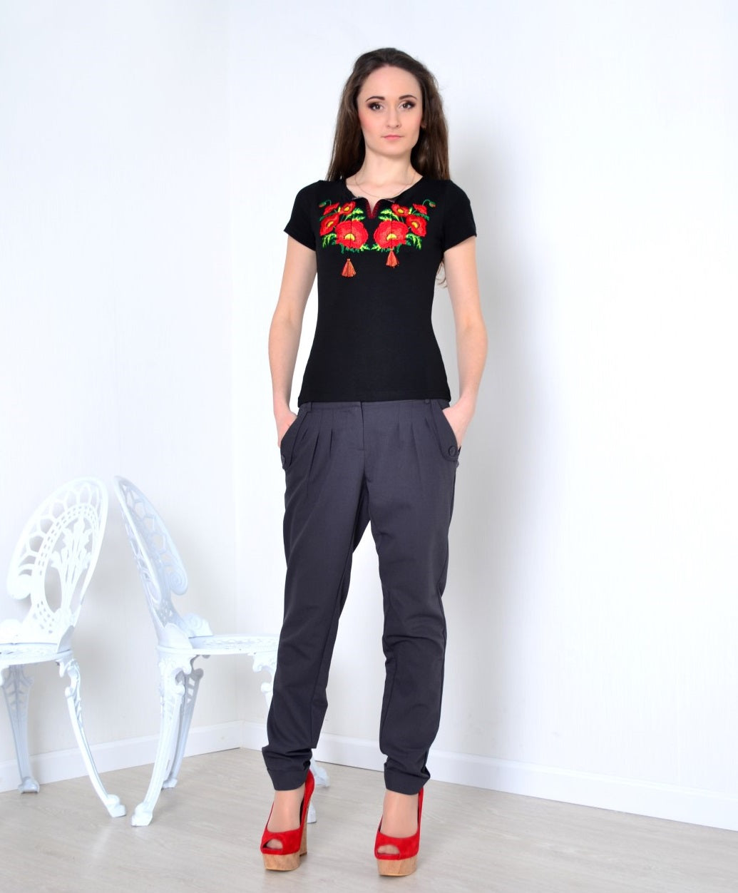 Size 3XL. Mexican Embroidered Black T-Shirt – Boho Chic Floral Poppy Design for Women