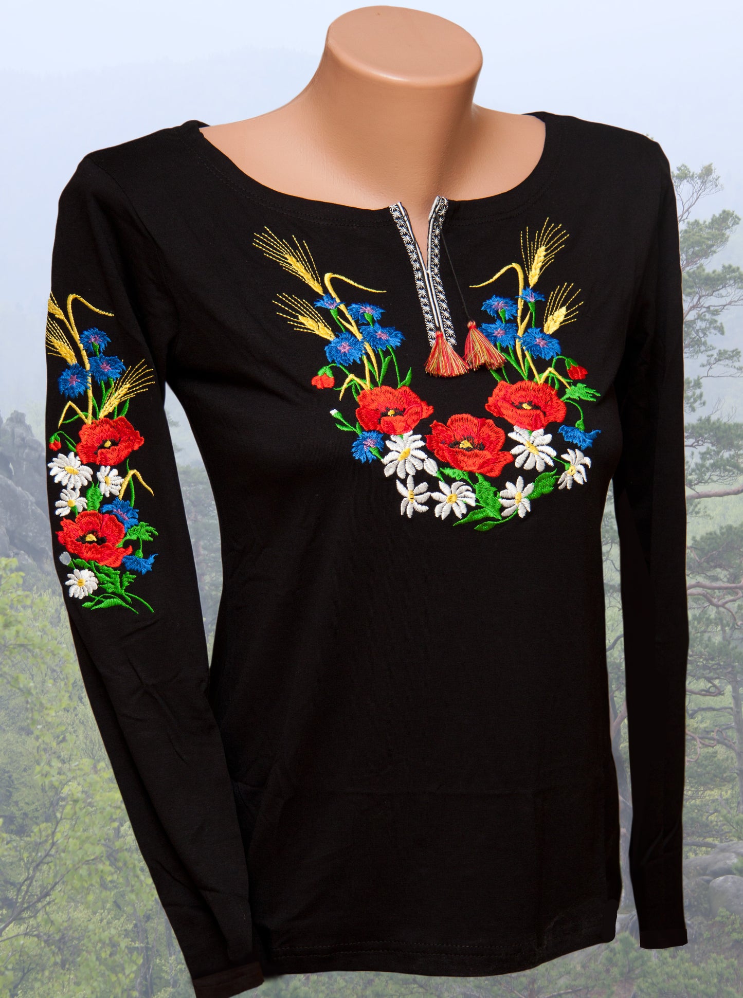 Sizes S-L,XXL. Black Bohemian Embroidered Blouse – Floral Mexican Folk Long Sleeve Shirt for Women