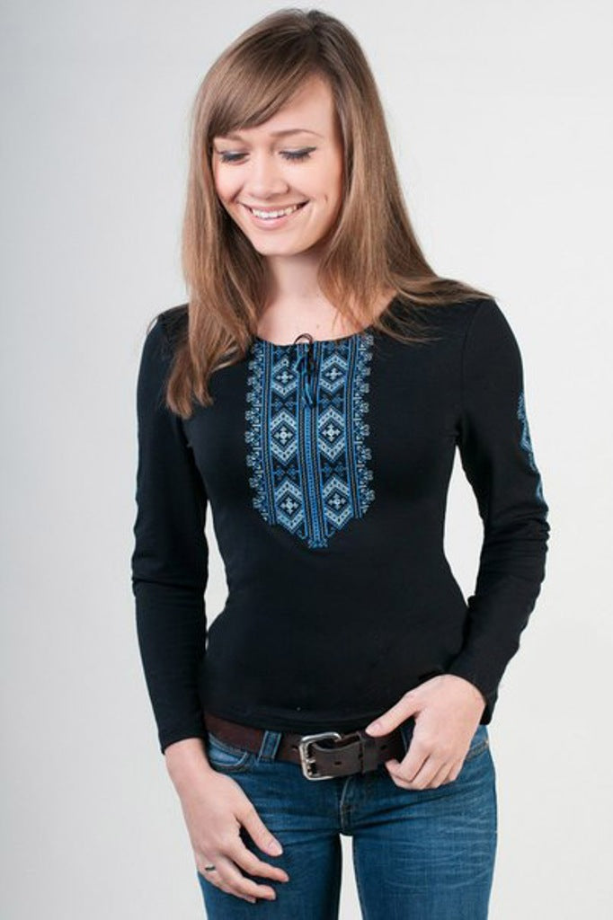 Sizes L,XL. Traditional Ukrainian Embroidered Blouse – Black Long Sleeve Folk Shirt with Blue Geometric Patterns for Women