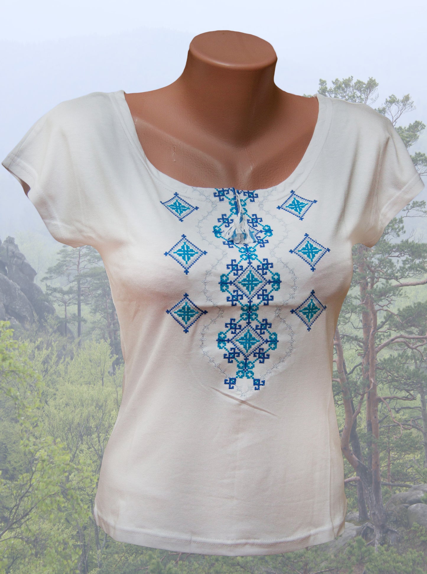 Sizes XL,XXL. Bohemian White Hippie Blouse – Blue Geometric Folk Embroidered Top for Women