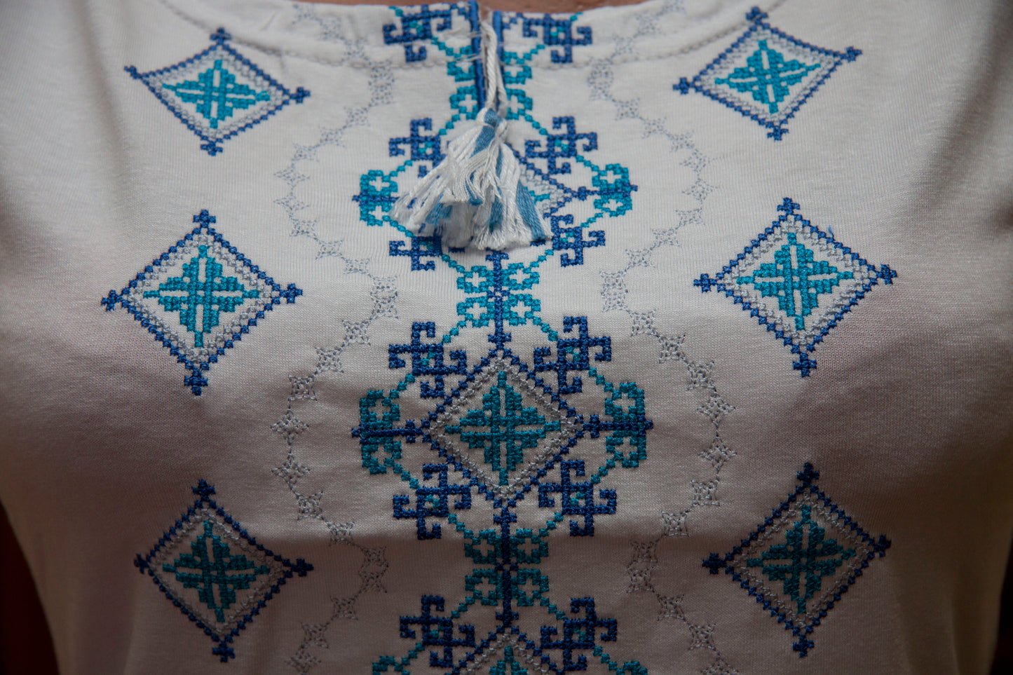 Sizes XL,XXL. Bohemian White Hippie Blouse – Blue Geometric Folk Embroidered Top for Women