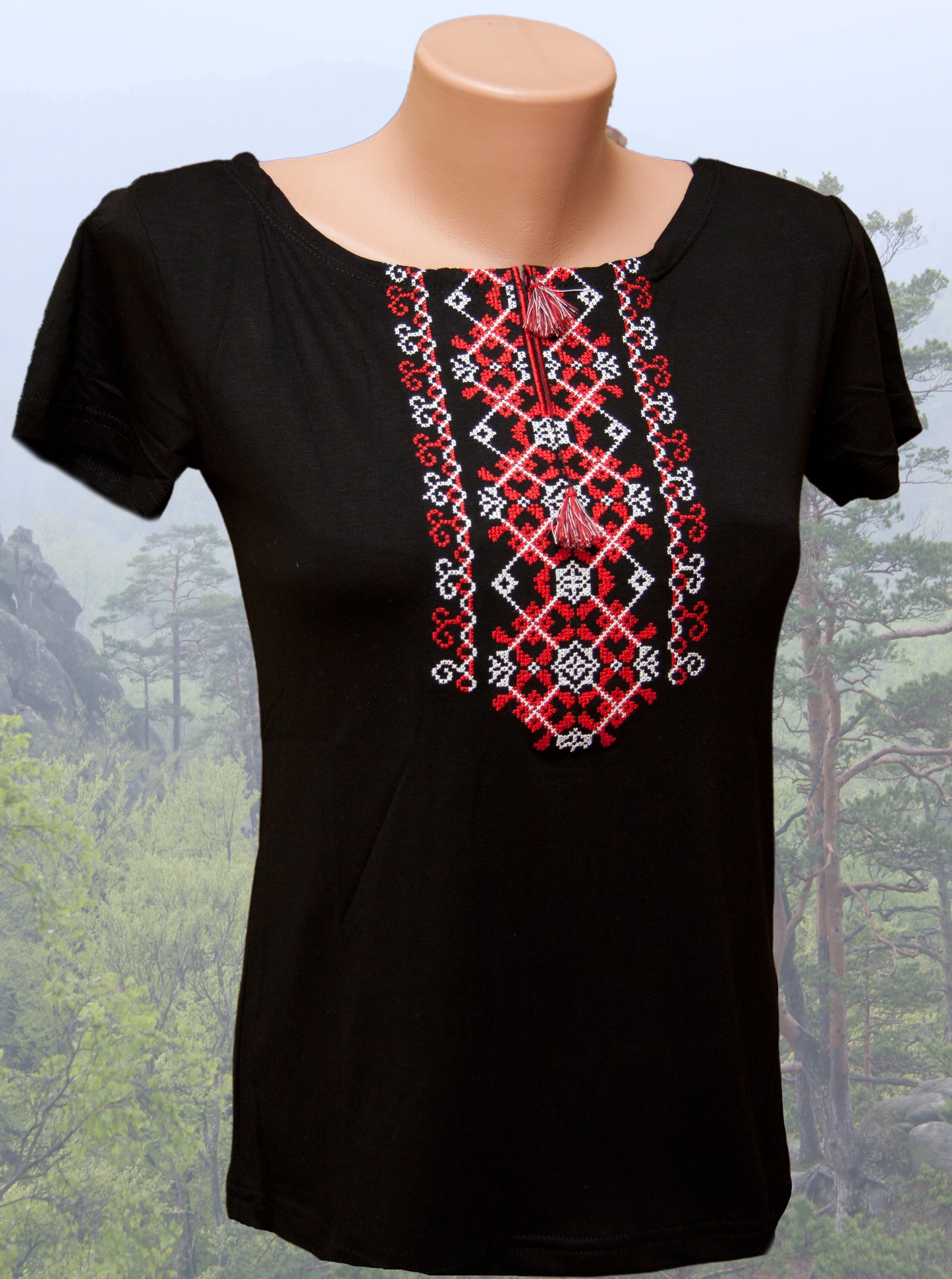 Sizes S,L,XXL. Embroidered Black Tee – Red and White Folk Geometric Pattern Top for Women