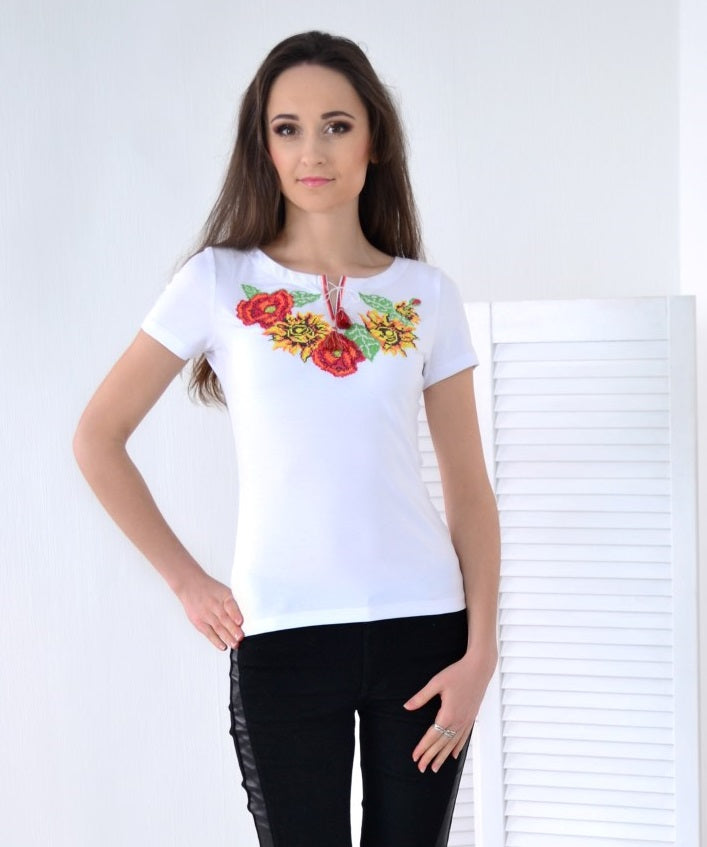 Sizes L,3XL. White Women's Embroidered T-Shirt - Sunflower Vyshyvanka Style Top