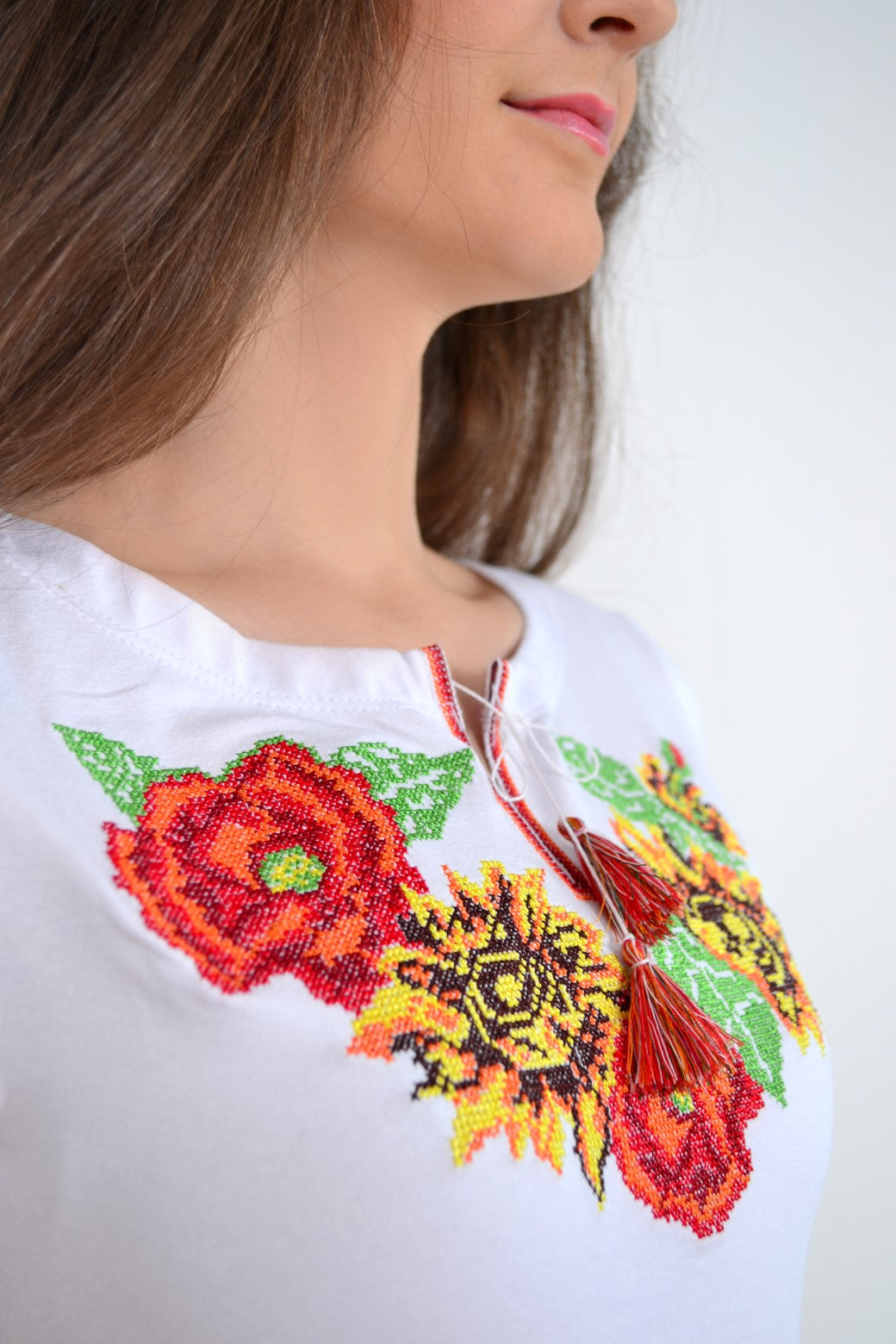 Sizes L,3XL. White Women's Embroidered T-Shirt - Sunflower Vyshyvanka Style Top