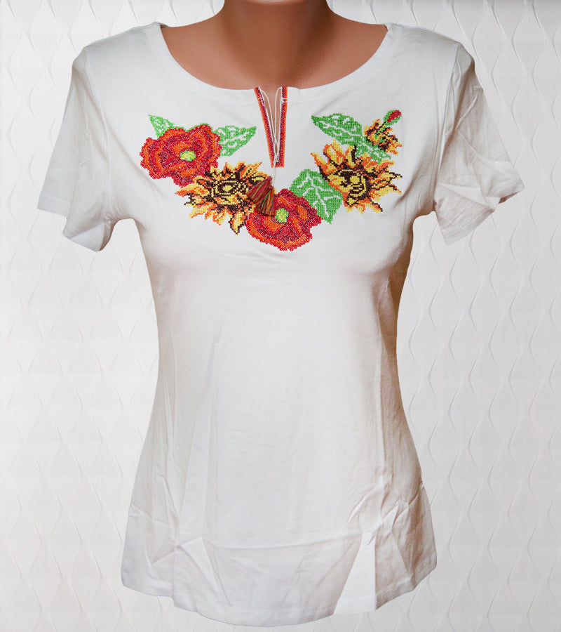 Sizes L,3XL. White Women's Embroidered T-Shirt - Sunflower Vyshyvanka Style Top