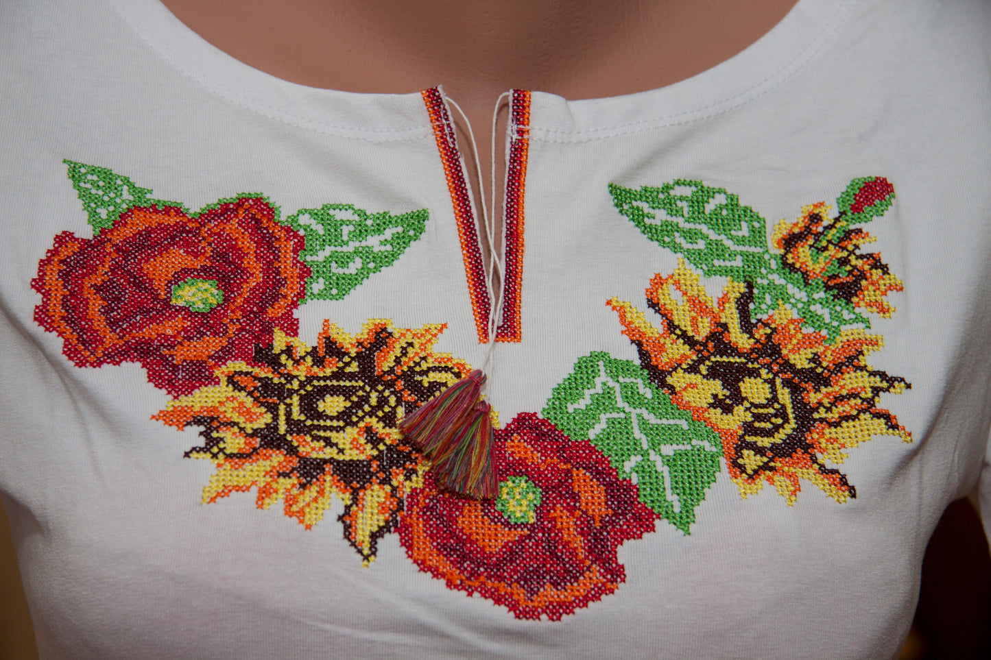 Sizes L,3XL. White Women's Embroidered T-Shirt - Sunflower Vyshyvanka Style Top