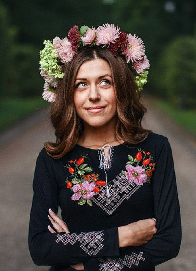 Sizes S,3XL-5XL. Mexican Floral Embroidered Blouse – Black Boho Long Sleeve Shirt for Women