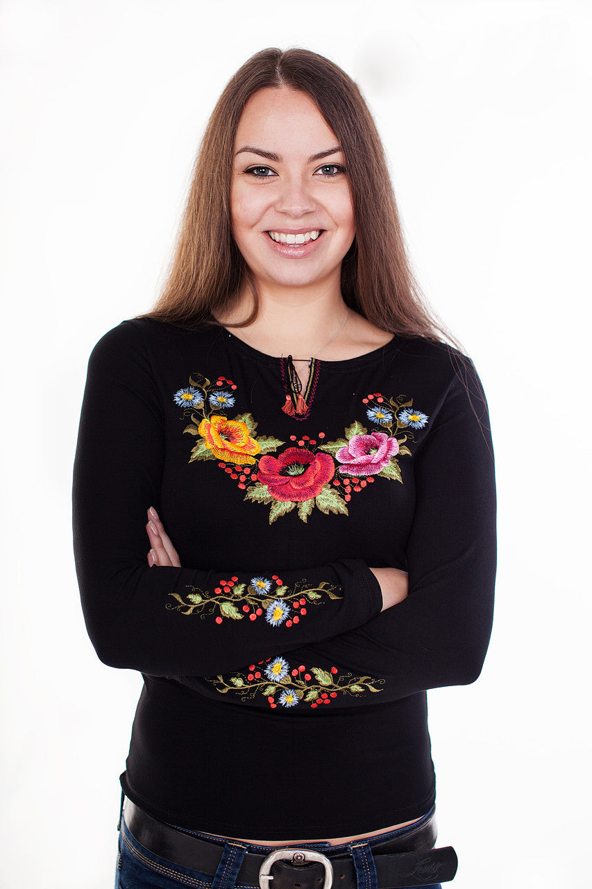 Size S. Black Bohemian Embroidered Blouse – Colorful Floral Folk Long Sleeve Top for Women