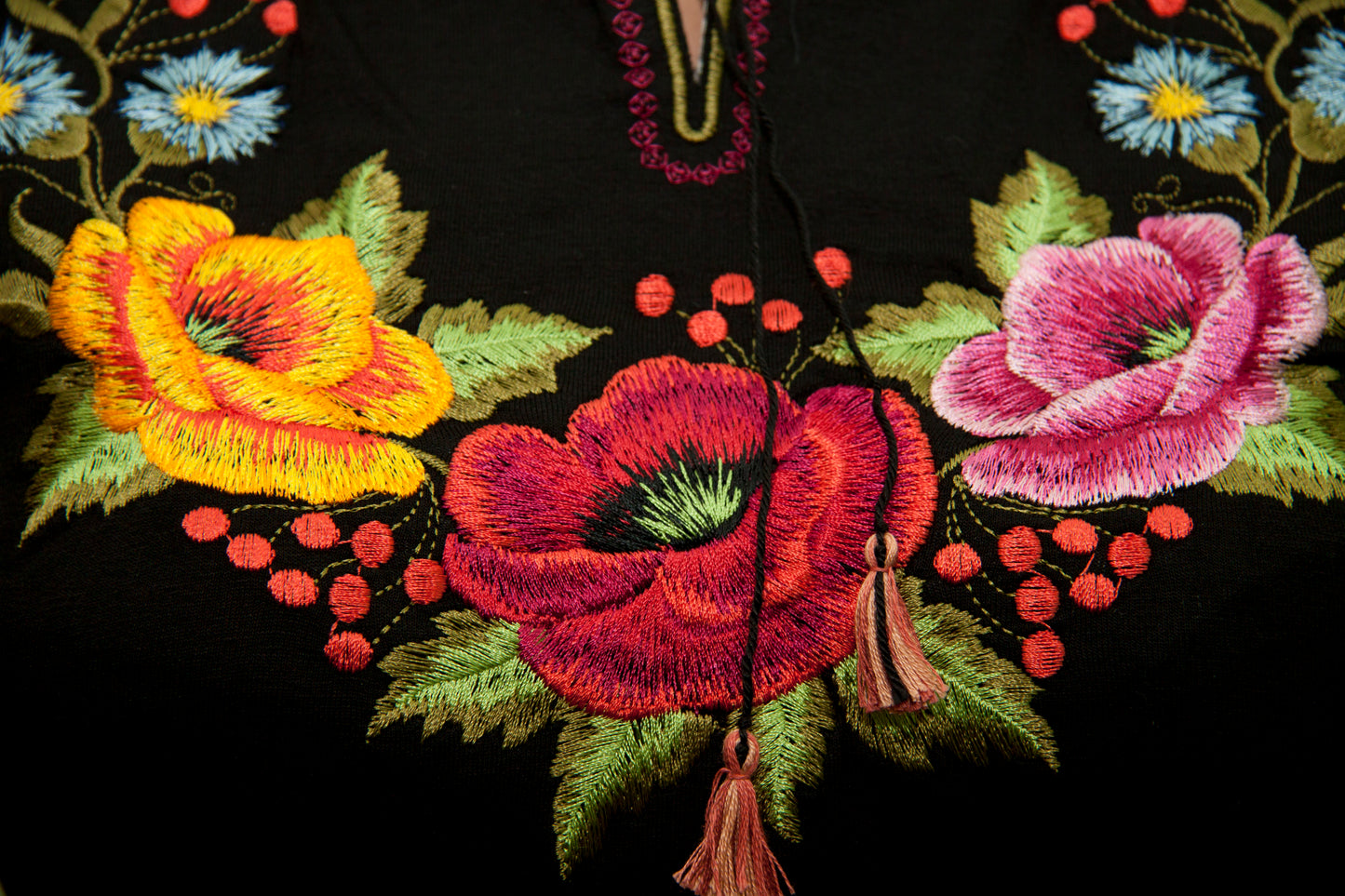 Size S. Black Bohemian Embroidered Blouse – Colorful Floral Folk Long Sleeve Top for Women
