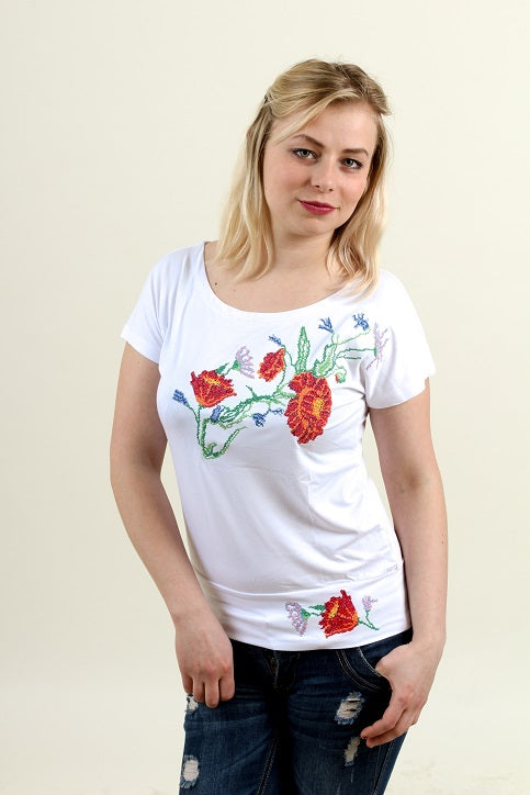 Size XXL. White T-Shirt with Vibrant Floral Embroidery - Ukrainian Folk Art Style