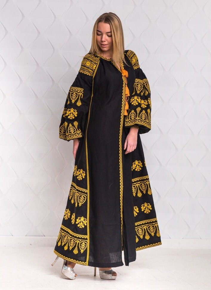 Size S! Ethnic Vyshyvanka Dress - Black Linen Embroidered Dress - Ukrainian & Mexican Boho Chic Kaftan - 100% Linen Abaya - Fashion Folk Caftan