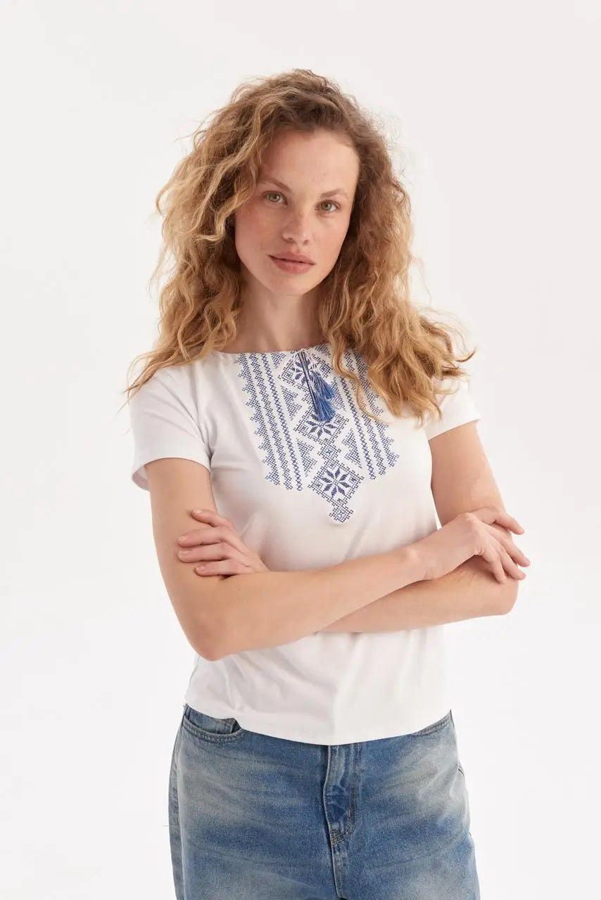 Sizes S-3XL. White Boho T-Shirt with Blue Ukrainian Cross-Stitch Embroidery – Ethnic Folk Tassel Tee with Geometric Floral Motifs