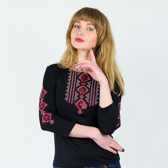 Sizes S-3XL. Black Boho Embroidered Blouse – Red Geometric Folk Long Sleeve Shirt for Women