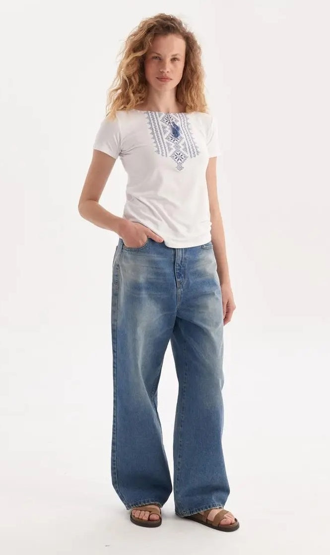 Sizes S-3XL. White Boho T-Shirt with Blue Ukrainian Cross-Stitch Embroidery – Ethnic Folk Tassel Tee with Geometric Floral Motifs