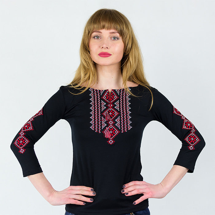 Sizes S-3XL. Black Boho Embroidered Blouse – Red Geometric Folk Long Sleeve Shirt for Women