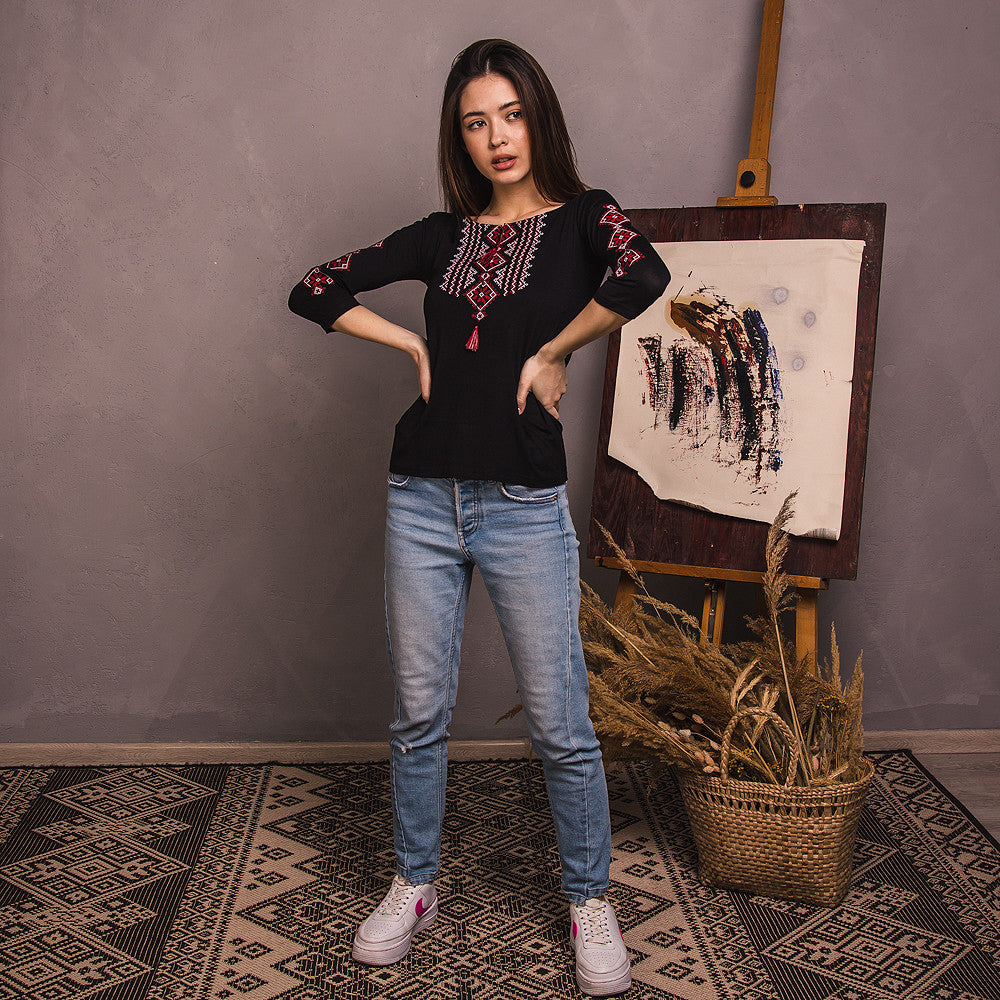 Sizes S,L,XL,3XL. Black Boho Embroidered Blouse – Red Geometric Folk Long Sleeve Shirt for Women