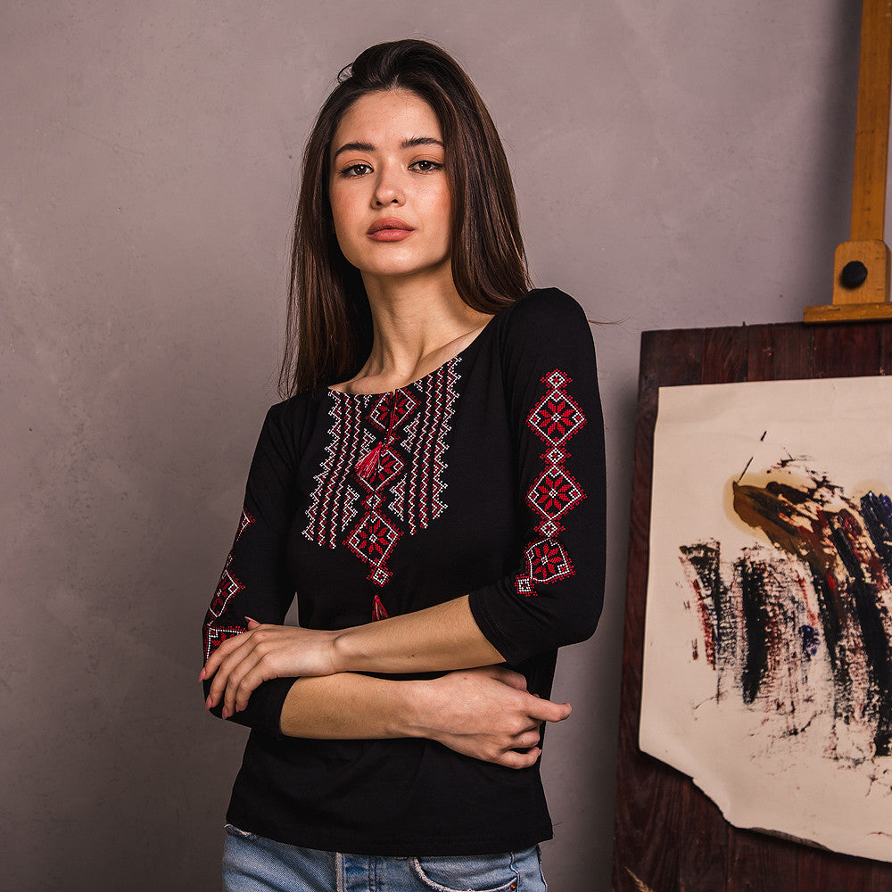 Sizes S-3XL. Black Boho Embroidered Blouse – Red Geometric Folk Long Sleeve Shirt for Women