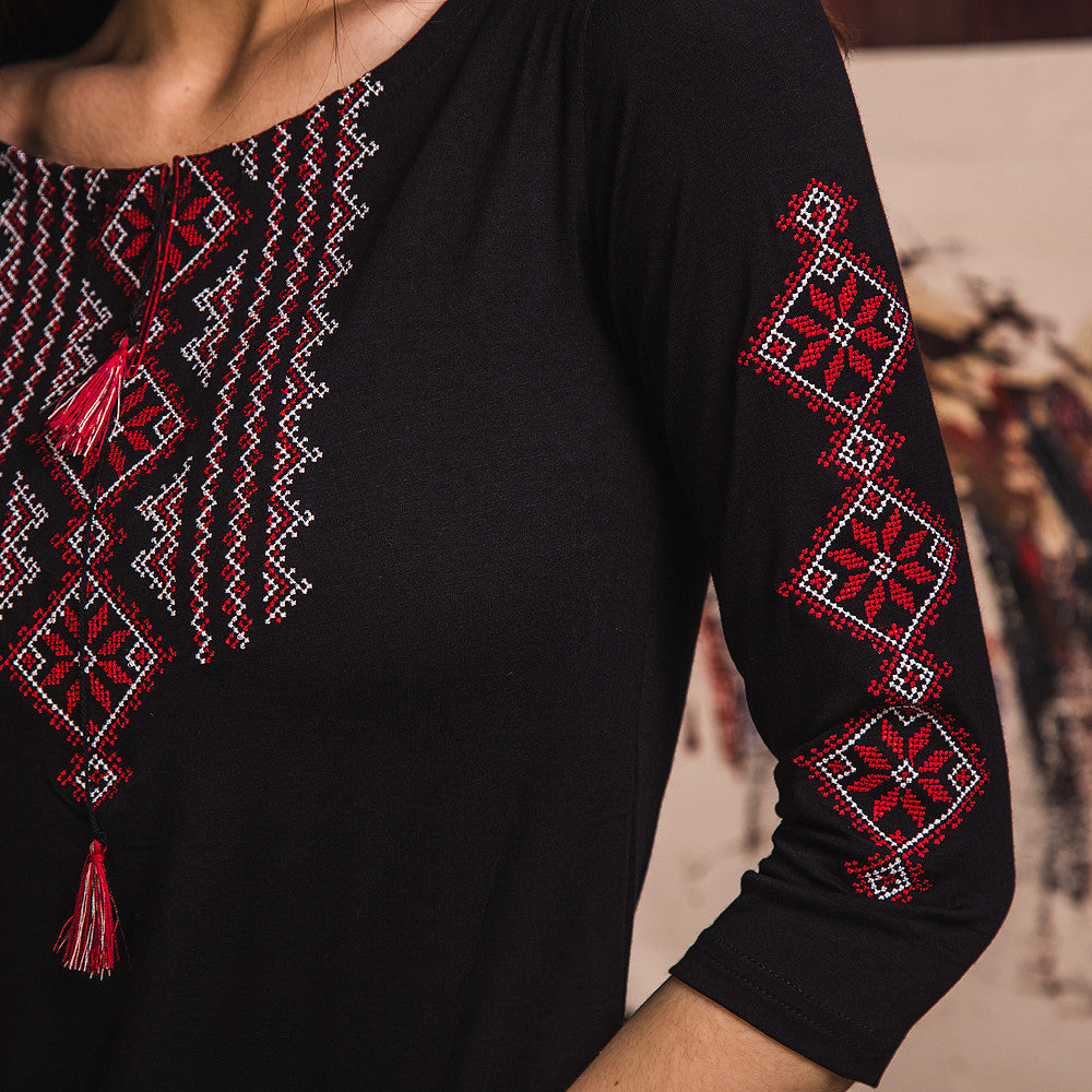 Sizes S-3XL. Black Boho Embroidered Blouse – Red Geometric Folk Long Sleeve Shirt for Women