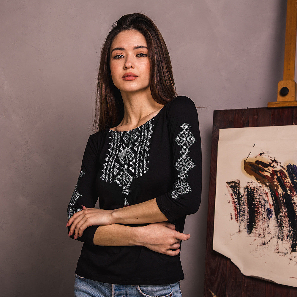 Sizes S-3XL. Black Folk Embroidered Blouse – Minimalist Ukrainian Cross-Stitch Elegance
