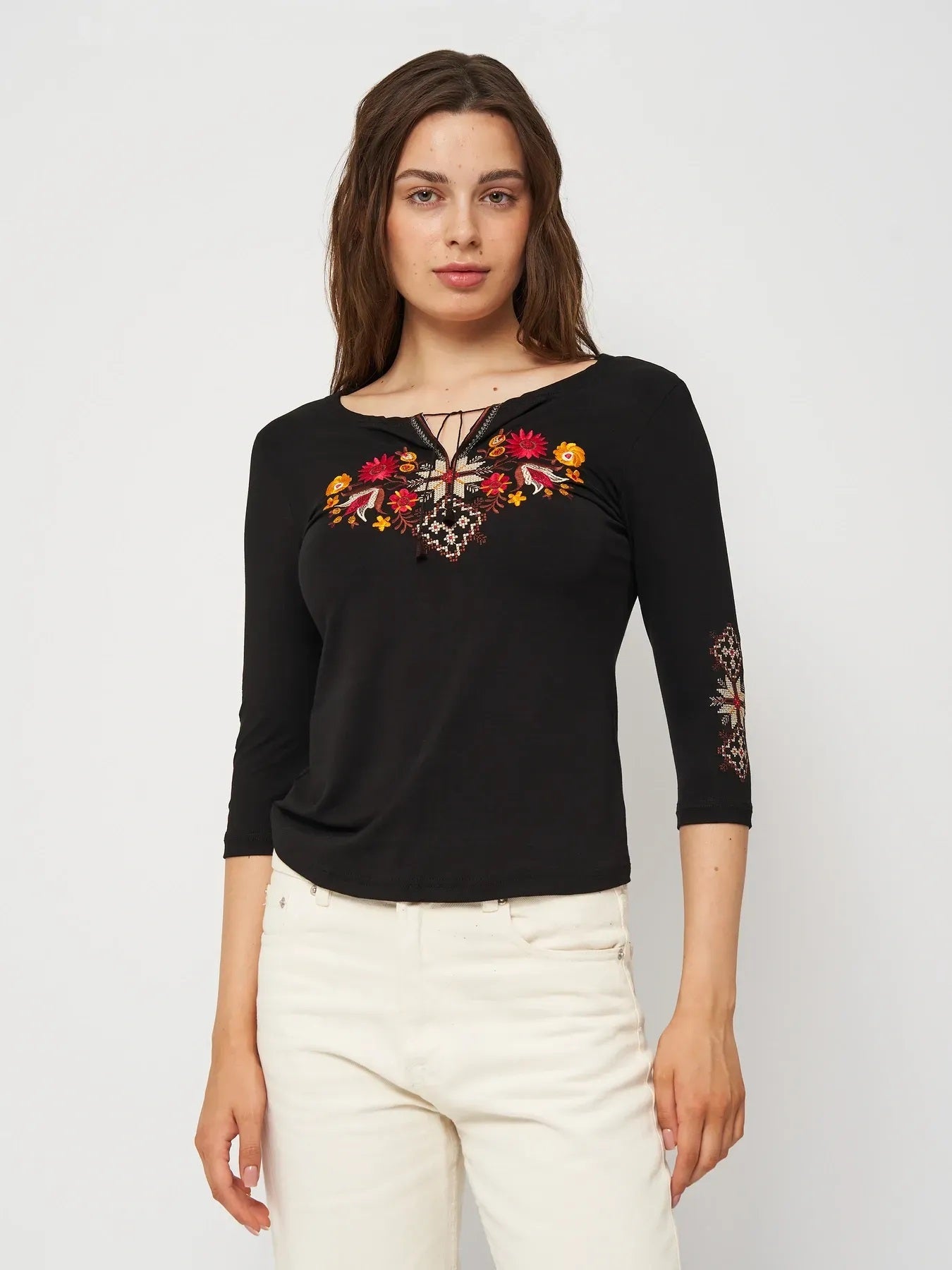 Size S-L,4XL. Black Folk Blouse with Burgundy and Orange Floral Embroidery