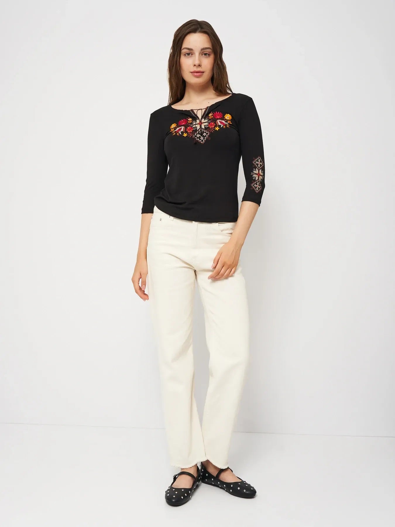 Size S-L,4XL. Black Folk Blouse with Burgundy and Orange Floral Embroidery