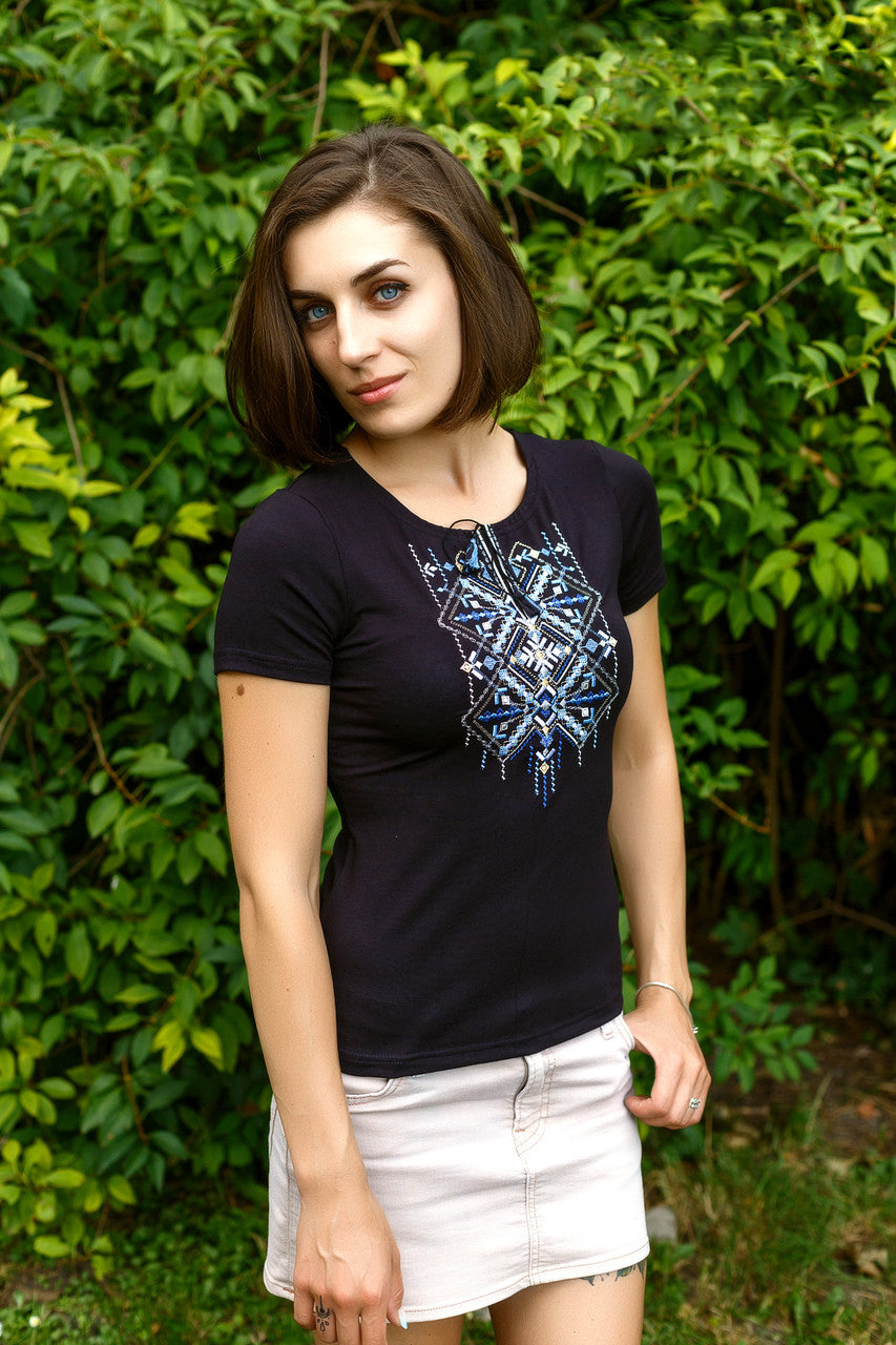 Size L. Black Women's T-Shirt with Blue Geometric Embroidery - Vyshyvanka Style