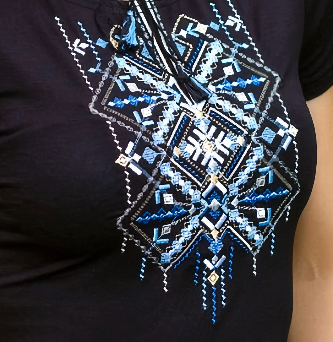 Size L. Black Women's T-Shirt with Blue Geometric Embroidery - Vyshyvanka Style