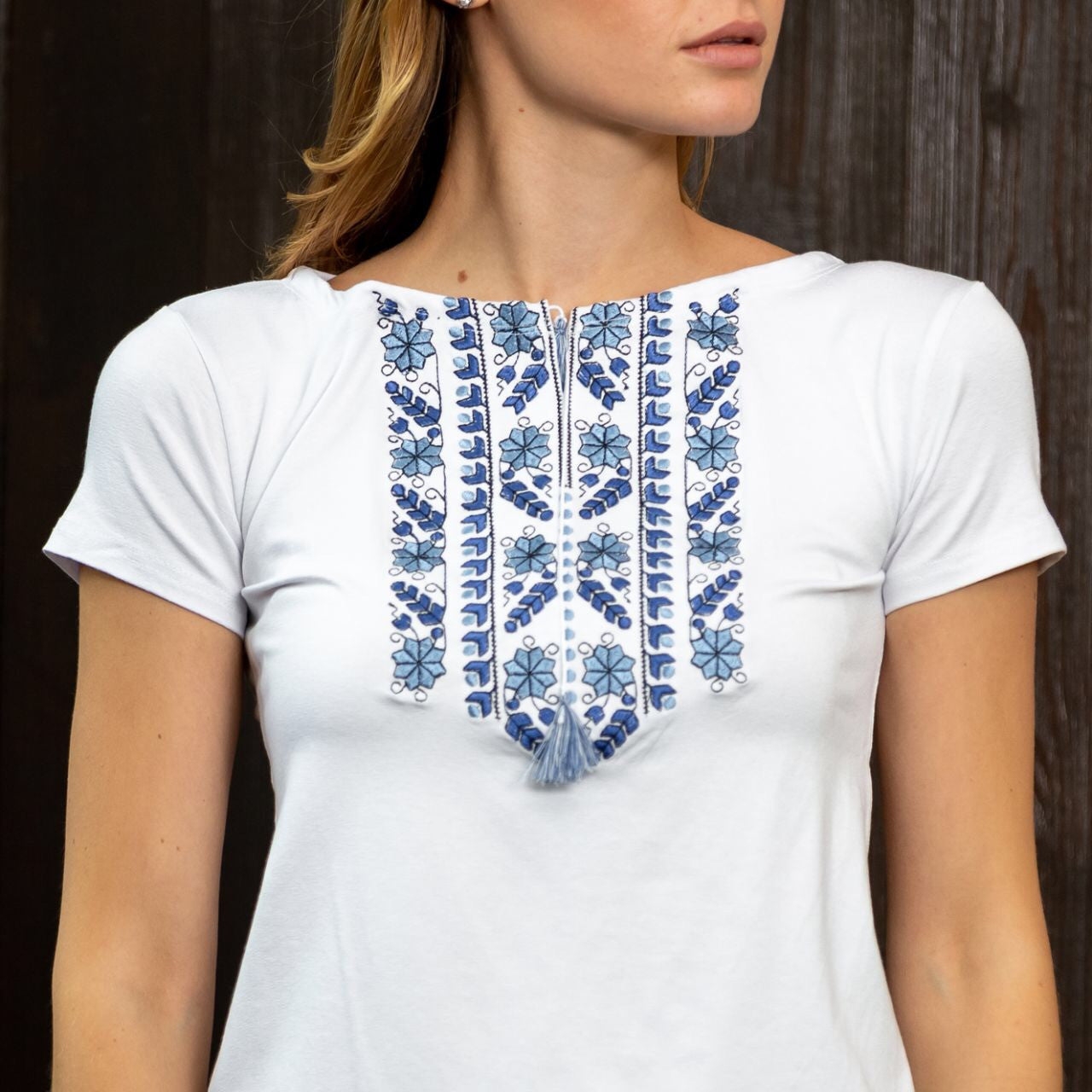 Sizes S-3XL. White Boho Embroidered Women's T-Shirt – Blue Floral Folk Pattern, Short Sleeve
