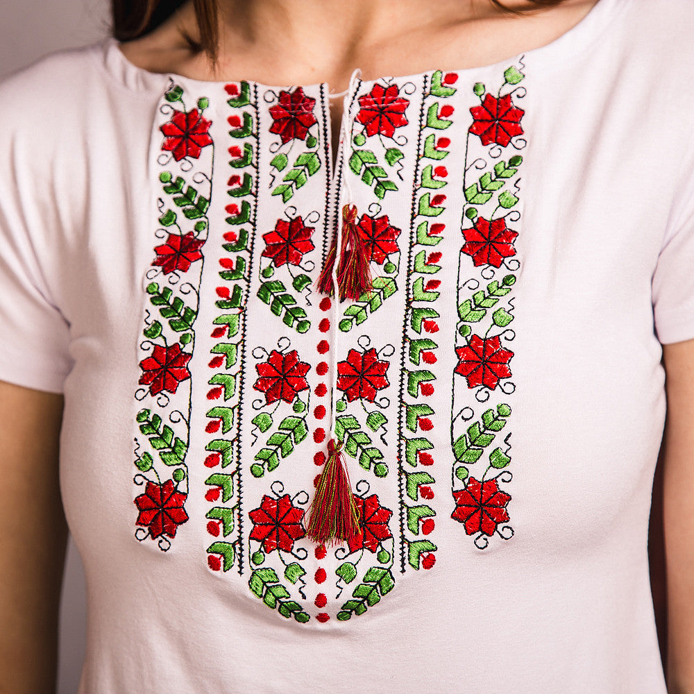Sizes S-3XL. White Embroidered T-shirt with red flowers - Botanical Folk Top