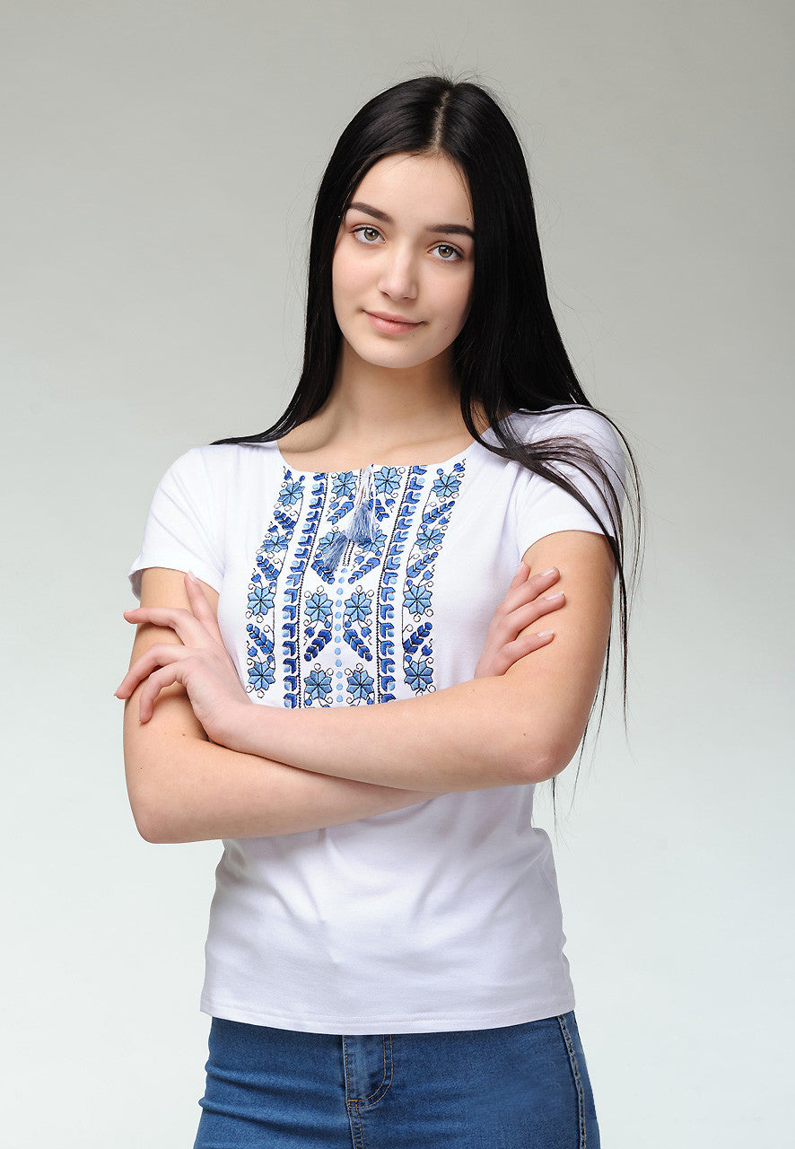 Sizes S-3XL. White Boho Embroidered Women's T-Shirt – Blue Floral Folk Pattern, Short Sleeve