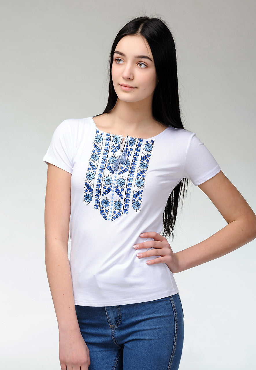 Sizes S-3XL. White Boho Embroidered Women's T-Shirt – Blue Floral Folk Pattern, Short Sleeve