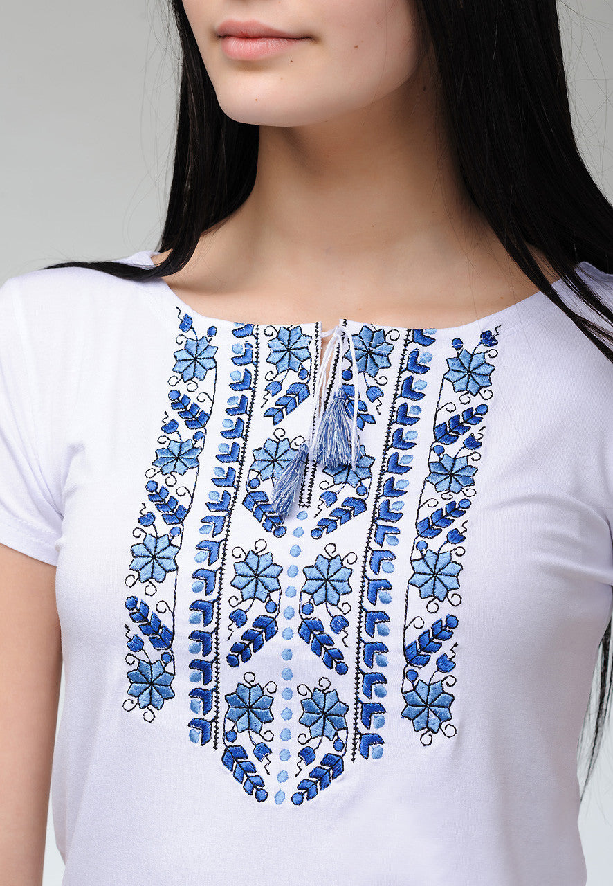 Sizes S-3XL. White Boho Embroidered Women's T-Shirt – Blue Floral Folk Pattern, Short Sleeve