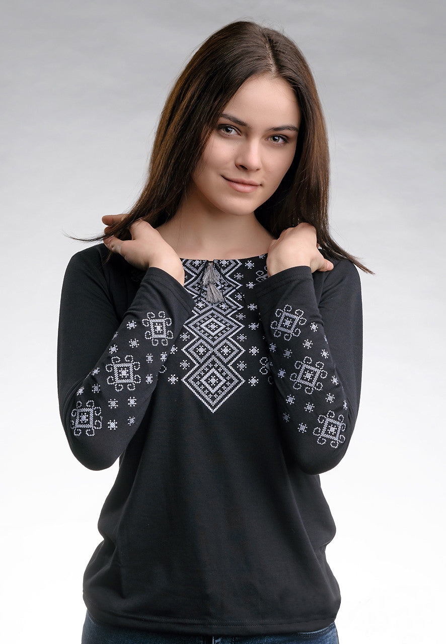 Size S. Black Boho Embroidered Women's Blouse – Geometric Folk Design, Long Sleeve Top