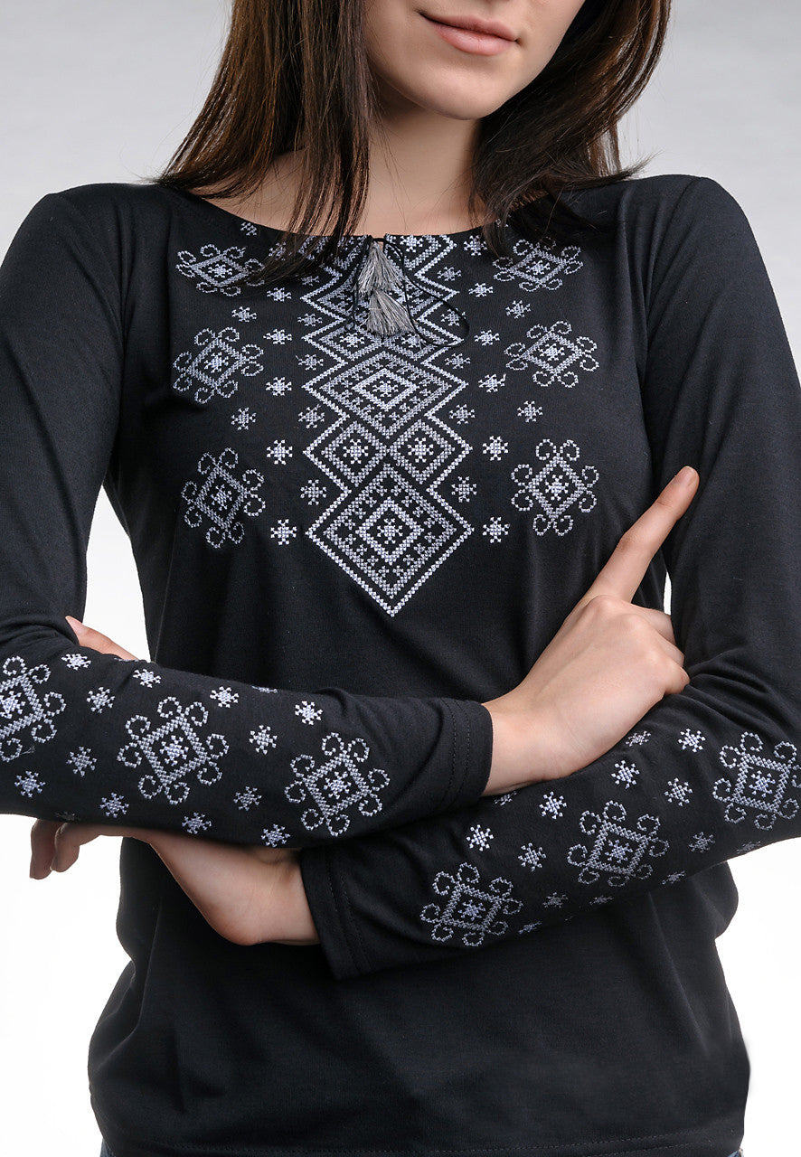 Size S. Black Boho Embroidered Women's Blouse – Geometric Folk Design, Long Sleeve Top