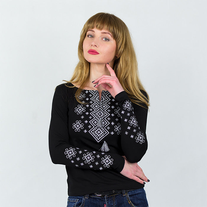 Size S. Black Boho Embroidered Women's Blouse – Geometric Folk Design, Long Sleeve Top