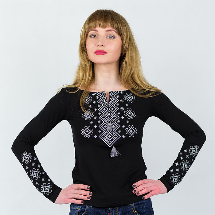 Size S. Black Boho Embroidered Women's Blouse – Geometric Folk Design, Long Sleeve Top