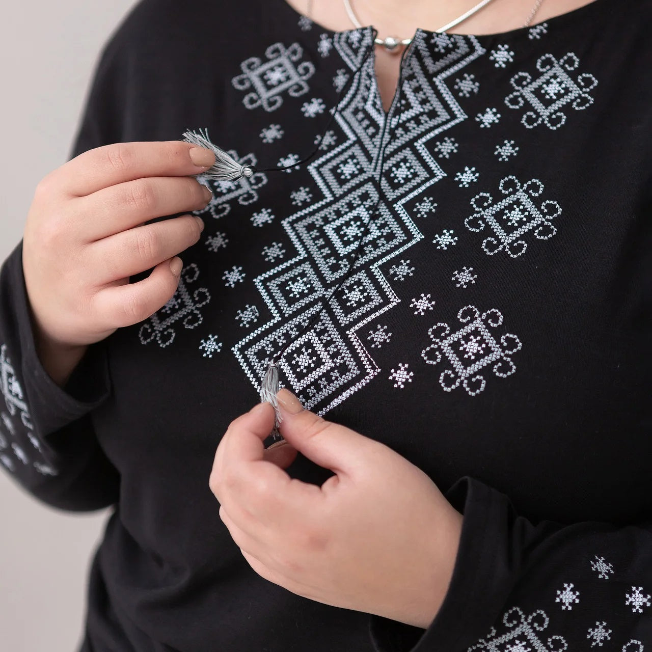 Size S. Black Boho Embroidered Women's Blouse – Geometric Folk Design, Long Sleeve Top