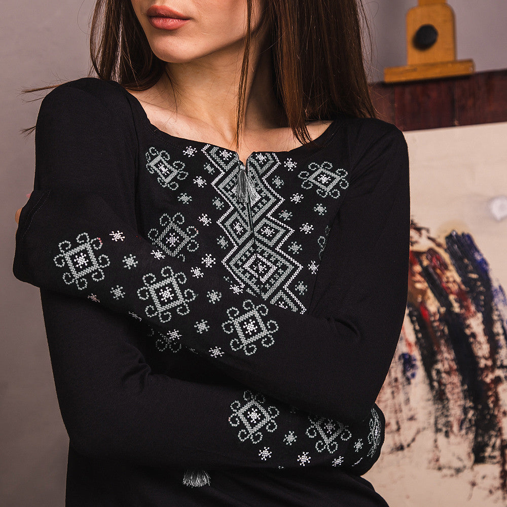 Size S. Black Boho Embroidered Women's Blouse – Geometric Folk Design, Long Sleeve Top