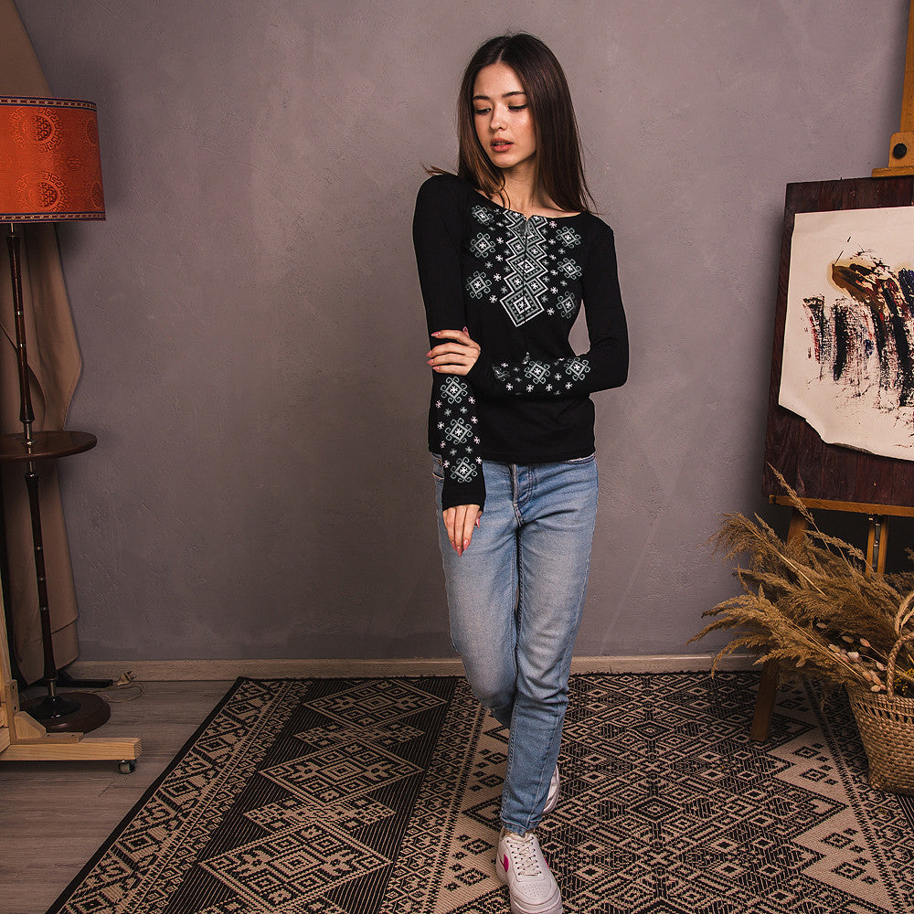 Size S. Black Boho Embroidered Women's Blouse – Geometric Folk Design, Long Sleeve Top