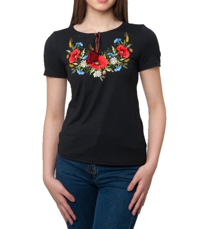 Size XL. Black Bohemian T-Shirt with Vibrant Floral Embroidery – Mexican-Inspired Design
