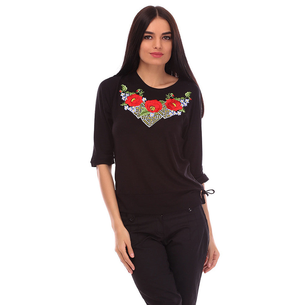 Sizes M,L. Elegant Black Blouse with Red Poppy Embroidery – Ukrainian Folk Boho Style