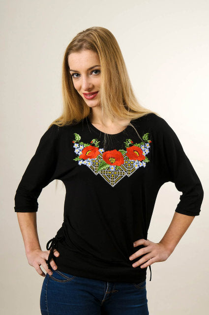 Sizes M,L. Elegant Black Blouse with Red Poppy Embroidery – Ukrainian Folk Boho Style