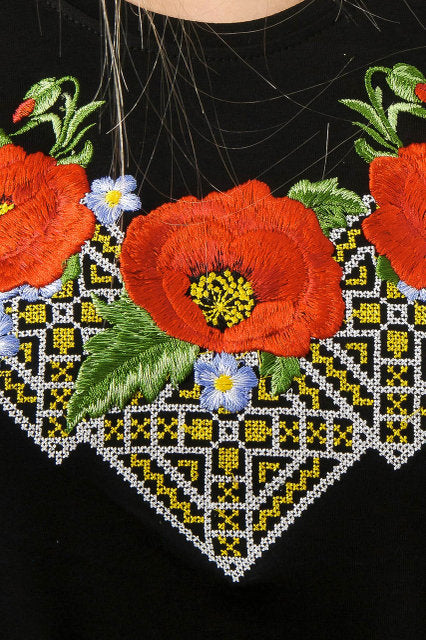 Sizes M,L. Elegant Black Blouse with Red Poppy Embroidery – Ukrainian Folk Boho Style