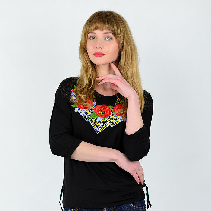 Sizes M,L. Elegant Black Blouse with Red Poppy Embroidery – Ukrainian Folk Boho Style